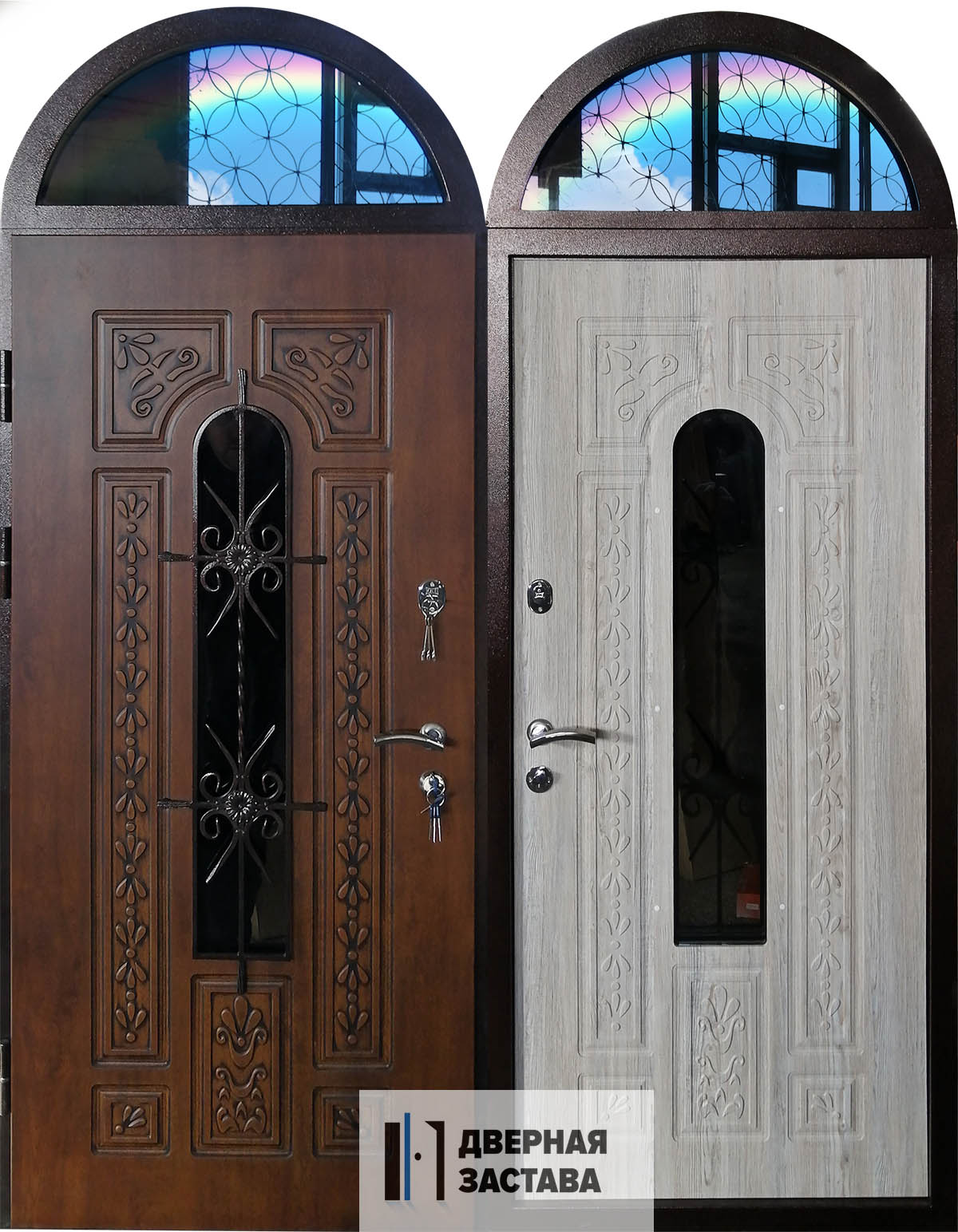 Входная металлическая дверь для дома или коттеджа с аркой, ковкой и стеклопакетом белорусского производства